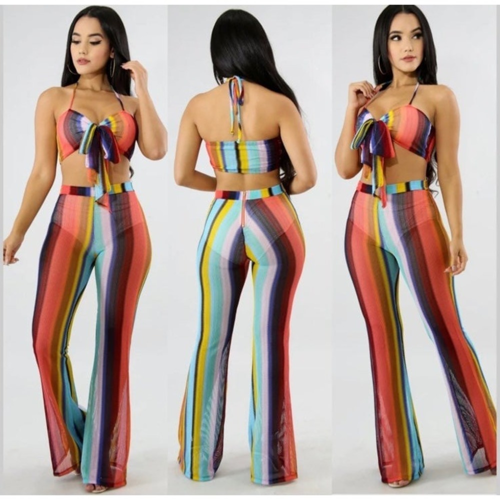Hot Miami Styles Rainbow Stripe 2 Piece Set Crop Top & Flare Pants HMS 8571